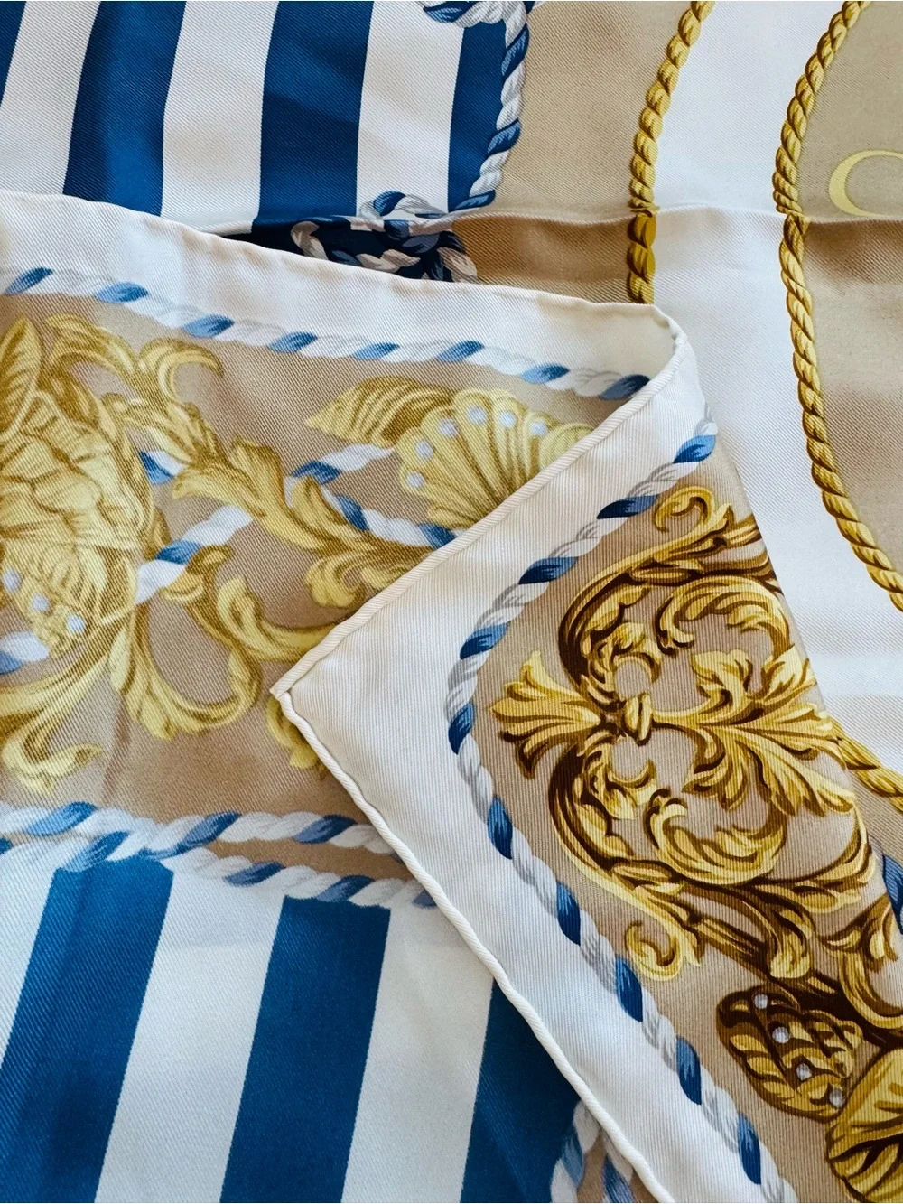 Authentic Dior Blue White and Gold Printed Silk Scarf